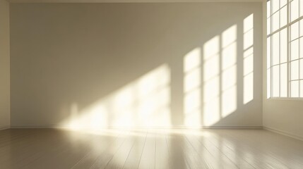 Poster - Sunlight streams through a window in a minimalist room, creating long shadows on the wall.