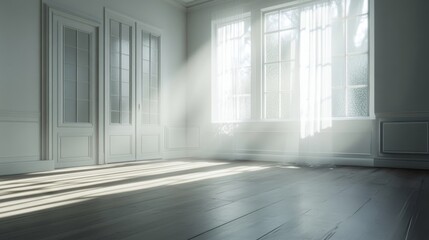 Poster - Sunlight streaming through window into empty room with wooden floors. Minimalist interior design, bright airy space with sunlight beams. 