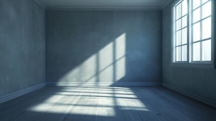Poster - Empty room with sunlight streaming through the window. Minimalist interior design with light and shadows.