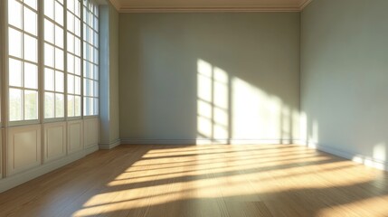 Poster - Empty room with sunlight streaming through a large window. 