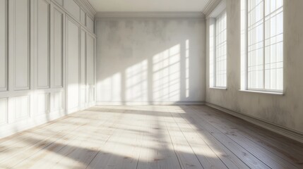 Poster - Empty room with white walls and wooden floors, lit by sunlight streaming in from windows. Minimalist interior design concept.