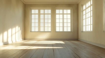 Poster - Empty room with three windows and wooden floor