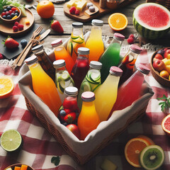 Wall Mural - A basket filled with colorful fruit-infused drinks, surrounded by fresh fruits