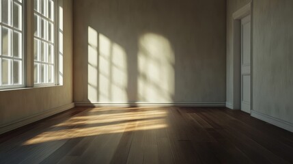 Poster - Sunlight streaming through windows in an empty room, creating warm, inviting shadows on the wooden floor.