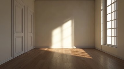 Poster - Sunlight streaming through window in empty room. Minimalist interior design, clean lines, bright space, neutral tones, modern decor, architectural photography.
