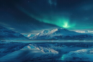 Wall Mural - aurora lights. natural arctic atmosphere with breathtaking green borealis over canadian mountains