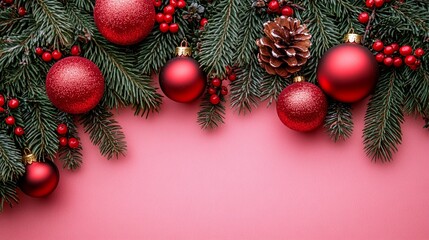 Wall Mural - festive christmas border with vibrant red ornaments, pine branches, and berries on a pink background