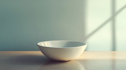 Poster - Empty white bowl on a table in soft light with a shadow from a window.