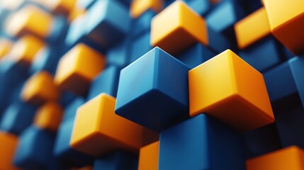 Abstract composition of blue and orange cubes, close-up view. Modern geometric pattern and technology concept