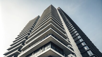 Wall Mural - modern skyscraper standing tall against clear sky with prominent balconies