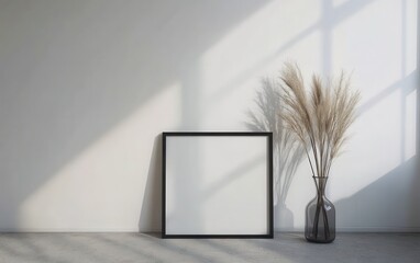 A minimalist mockup of a black frame on the floor with a white wall as the background. A vase of dried grass is placed beside the frame