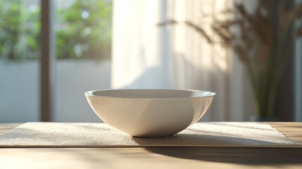 Poster - White ceramic bowl on a wooden table in front of a window with sunlight streaming in.