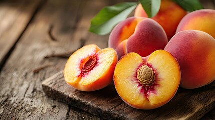 Canvas Print - Close-up of plump peaches arranged on a rustic kitchen table, with ample copy space for text. The vibrant colors of the plump peaches add warmth to any setting.