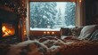 © Sakonwan - Christmas warmth with soft blankets by a fireplace, sow landscape outside, creating a classic holiday scene