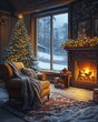 © Sakonwan - Christmas warmth with soft blankets by a fireplace, sow landscape outside, creating a classic holiday scene