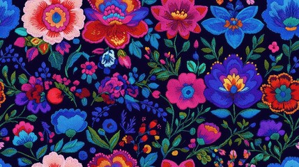 Embroidery seamless pattern featuring intricate floral designs on a dark background ideal for fashion products print fabric or decorative paper