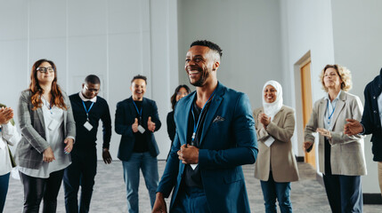 Wall Mural - Joyful businessman leading a team workshop while talking and engaging with colleagues