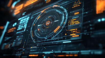 Fototapete - An advanced user interface of a futuristic computer interface with a target pointer and digital text number element in a shallow depth of field and grainy texture for a cyber technology concept
