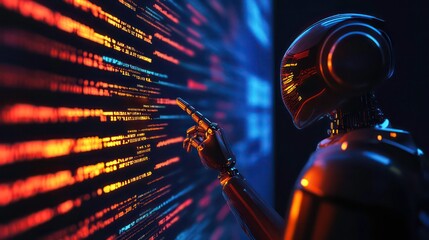 Poster - A futuristic robot interacts with a digital display of code.