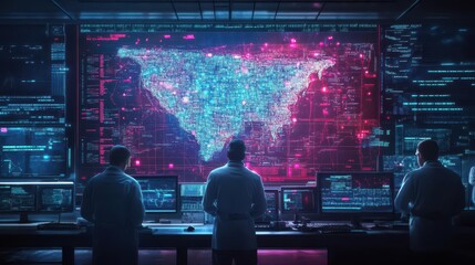 Poster - Control room with giant digital map, multiple engineers in white coats, vibrant lighting, hightech atmosphere, cyberpunk elements