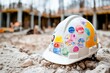© taweesak - Closeup watercolor of a hard hat with personalized stickers, a symbol of individuality on a construction site