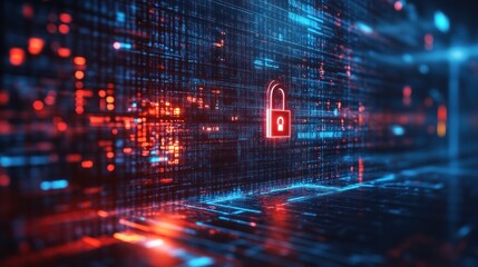 A glowing red padlock symbol is projected against a background of flowing binary code, representing digital security.