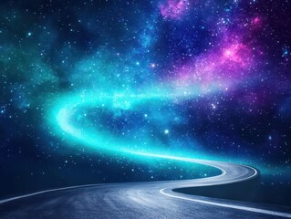 a winding road under a galaxy of northern lights, watercolor rendering in shades of turquoise, deep 