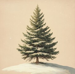 Wall Mural - Snow-covered evergreen tree standing alone on a white, snowy ground during winter season in a tranquil setting