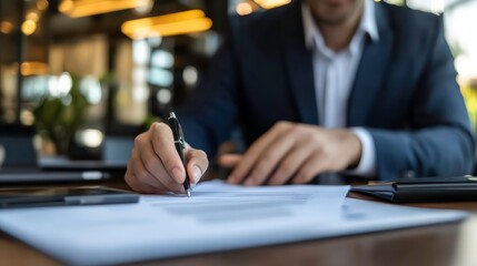 Aufkleber - A person in a suit writes on documents in a professional office setting.