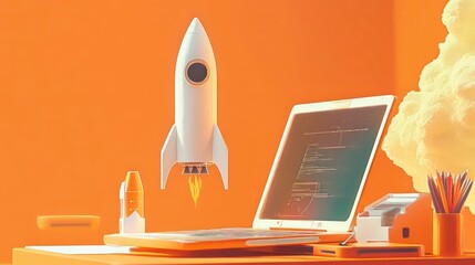Leinwandbilder - A stylized rocket launching from a desk with a computer, symbolizing innovation and technology.