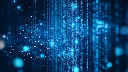 Abstract blue digital data stream with binary code flowing down in a dark background.