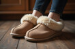 © Elena  - Cozy slippers on a wood floor for relaxed home comfort.