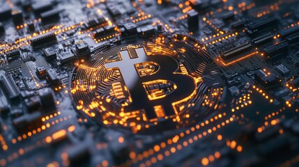Poster - An intricate circuit board with glowing data streams and digital symbols depicts the Bitcoin logo in detail