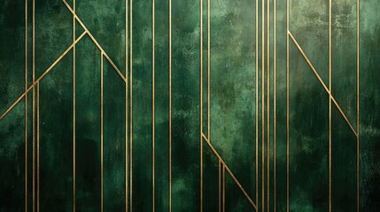 Vertical green art deco backdrop adorned with golden lines, creating a harmonious and symmetrical design that embodies luxury and elegance. Perfect for artistic compositions and layouts.