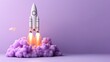 © Natalia - Abstract illustration of a white rocket launching with purple cloud formations on a purple background with orange flames indicating lift-off.