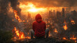 © Unreally Studio - Man in hoodie gazing over a dystopian, apocalyptic urban landscape ravaged by a terrible war over dwindling natural resources sparked by climate change in a dystopic world on the brink of collapse