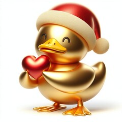 Wall Mural - Metallic golden Duck Wearing Santa Hat Holding Heart on white background