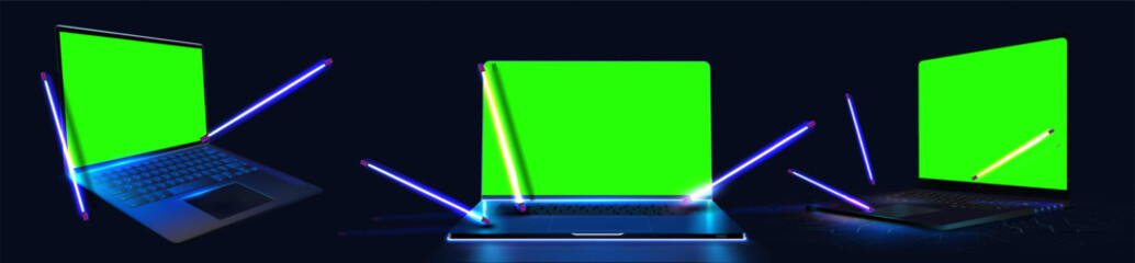 Fototapete - High-tech vector illustration featuring three laptops with green screens surrounded by glowing neon lights. Perfect for themes of technology, virtual reality, innovation, and digital interfaces.