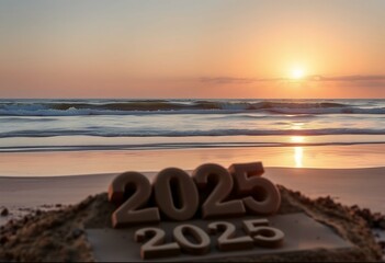 Wall Mural - sculpture sunset Year 2025 beach waves sand calm New serene