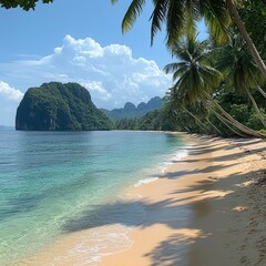 Wall Mural - Serene Tropical Beach with Lush Green Landscape