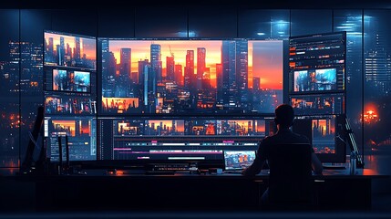 A person sits in front of a large computer monitor displaying multiple video editing windows.  They are working on editing footage of a cityscape at sunset.