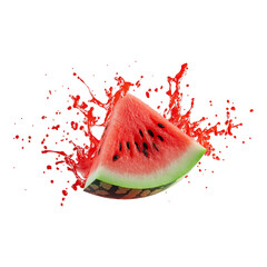 Wall Mural - Fresh watermelon slice with dynamic juice splash, vibrant and refreshing. Perfect for summer, food, beverage, and health-themed visuals. Isolated Transparent, Generative AI