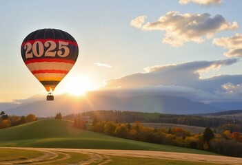 Wall Mural - into air surrounded hot sunrise gently countryside colors balloon autumn by New peaceful sky rising Year 2025