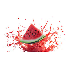 Wall Mural - Fresh watermelon slice with dynamic juice splash, vibrant and refreshing. Perfect for summer, food, beverage, and health-themed visuals. Isolated Transparent, Generative AI