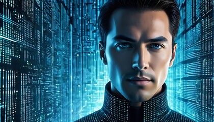 person with binary code background