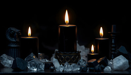 Black candle on a witch's altar for a magical ceremony among crystals and black candles isolated with white shades, png