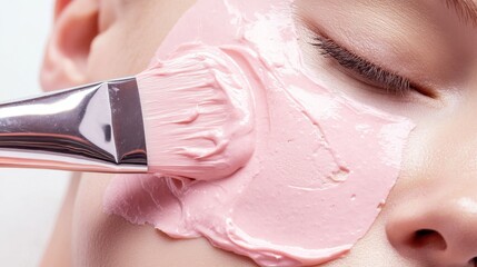 woman applying thick pink clay face mask on smooth skin for beauty product promotion and spa adverti