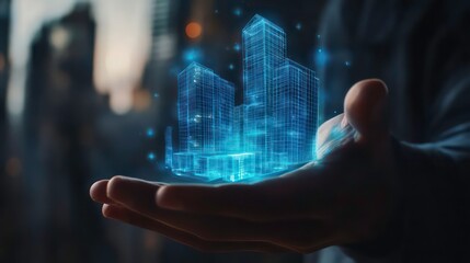 Poster - Businessman holding blue modern buildings hologram on hand. Real estate business and building technology concept