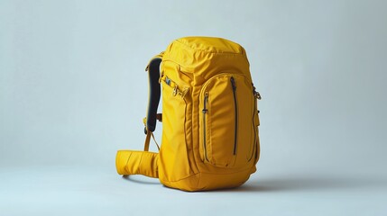 Wall Mural - Bright yellow backpack designed for travel, featuring multiple compartments, placed against a plain background