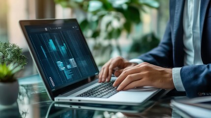 Leinwandbilder - A person working on a laptop with data analysis on the screen in a modern office setting.